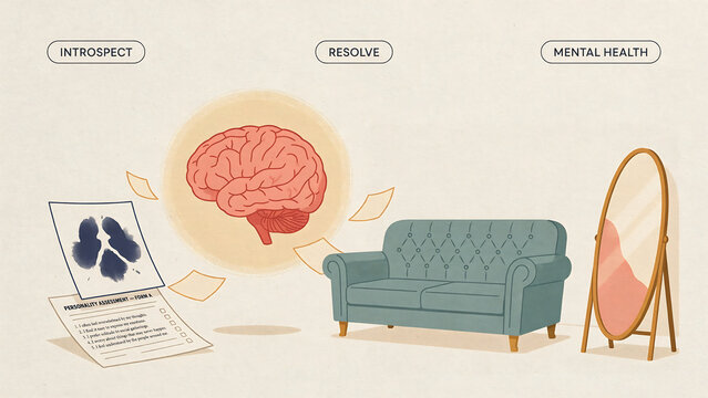 A psychological assessment concept featuring a human brain, a personality test form, a rorschach inkblot test card, a green tufted sofa, and a tall oval mirror in a soft room setting for mental health