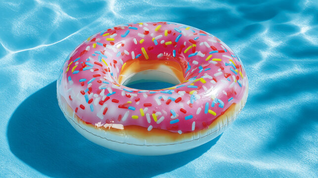 Inflatable circle donut in the pool. Clear blue water in the pool. Relax in the backyard of a country house