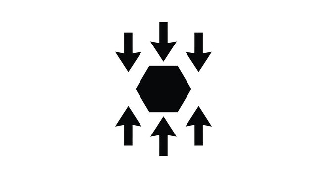 Hexagon with converging arrows a black silhouette on white