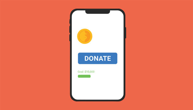 Mobile phone screen displaying a donation interface with a gold coin and a blue donate button on a coral red background.
