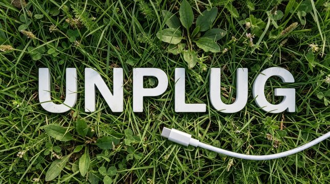 The word 'UNPLUG' with a cable on green grass, symbolizing disconnection.