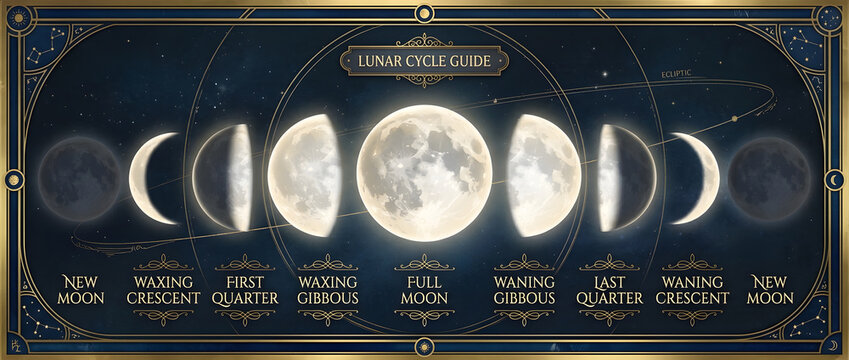 Lunar Cycle Phases Banner with Realistic Moon and Night Sky Background