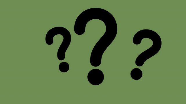 Three black question marks isolated on a solid olive green background.