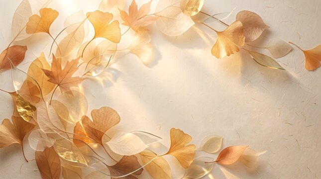 Elegant autumn background featuring a delicate arrangement of translucent and golden ginkgo and maple leaves on a textured beige surface with soft sunlight.
