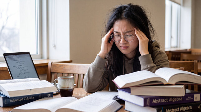 Stressed Female Student Overwhelmed by Studying in Library