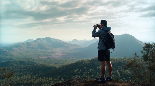 &ldquo;Man capturing breathtaking mountain views during a scenic hiking adventure&rdquo;