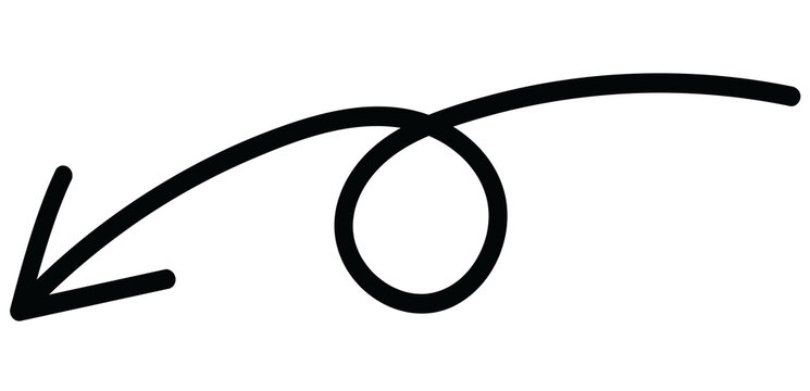 A black hand drawn arrow icon with a circular loop design isolated on a clean transparent background for website navigation or digital design projects