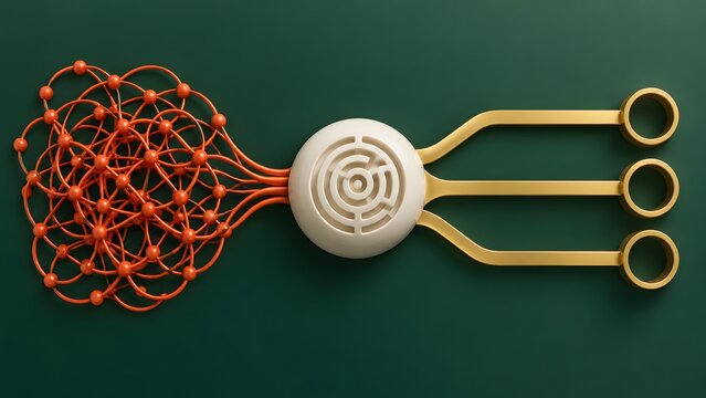 3D concept of tangled orange network nodes passing through a maze hub to become streamlined golden paths, symbolizing strategic planning, problem solving, and simplified data routing.