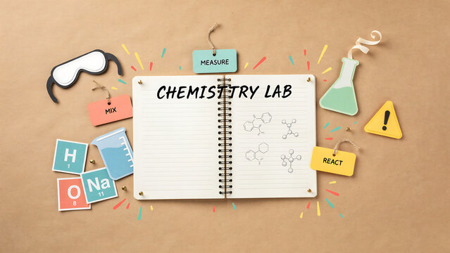 A paper craft chemistry lab scene with a notebook, safety goggles, beaker, chemical formulas, and labels for mix, measure, and react on a brown textured paper background