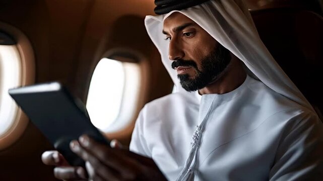 Successful middle eastern businessman in traditional clothing working on a digital tablet while traveling in a luxury first class cabin on a commercial airplane or a private jet
