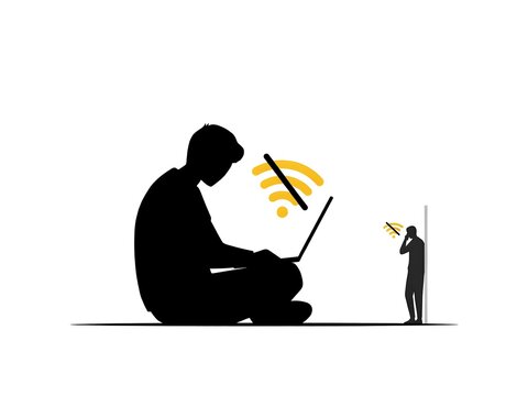 Minimalist, black-and-white characters with yellow wifi icon. This offline digital technology concept shows internet network connection error  on white background