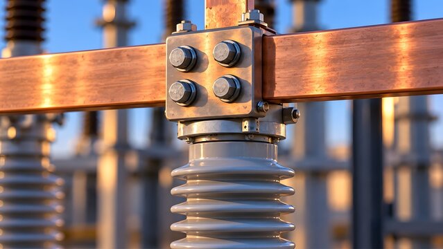 Close up of a copper busbar and ceramic insulator in a high voltage electrical substation at sunset, representing industrial power distribution.