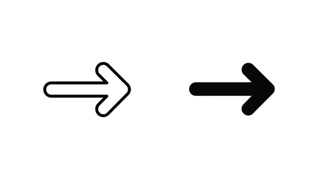 Rounded corner right arrow icons in line art and filled black vector illustrations set.