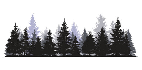 Evergreen forest silhouette vector, coniferous pine tree landscape, minimalist black and grey woodland horizon for outdoor branding © Vectorelle Art