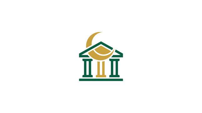 Islamic banking logo with crescent moon and pillars. Sharia compliant finance icon. Green and gold mosque bank symbol. isolated PNG with Transparent Background