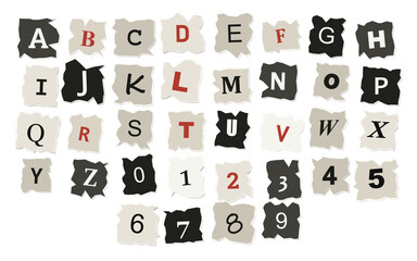 Newspaper cutout typography set displays black, grey, and red ransom note letters and numbers on torn paper pieces placed against an isolated transparent background. © imdad