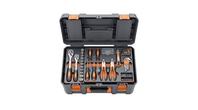 Professional tool kit in black hard case, orange and black hand tools set, mechanic equipment for home repair and maintenance isolated PNG with Transparent Background