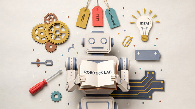 A paper craft robotics lab concept featuring a central robot holding an open book, surrounded by gears, a lightbulb idea icon, a screwdriver, a battery, and labeled tags on a light textured background
