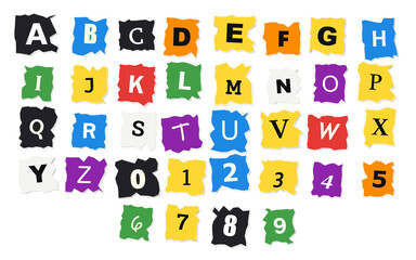 Paper cutout letters and numbers featuring vibrant bright colors and torn edges are arranged sequentially on a transparent backdrop for creative typography and school projects. © imdad