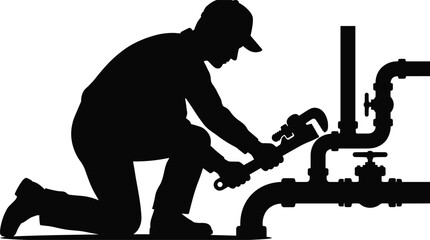 Obraz premium Plumber Mechanic Kneeling Repairing Water Pipes Pipe Wrench Service Maintenance Silhouette Vector Illustration