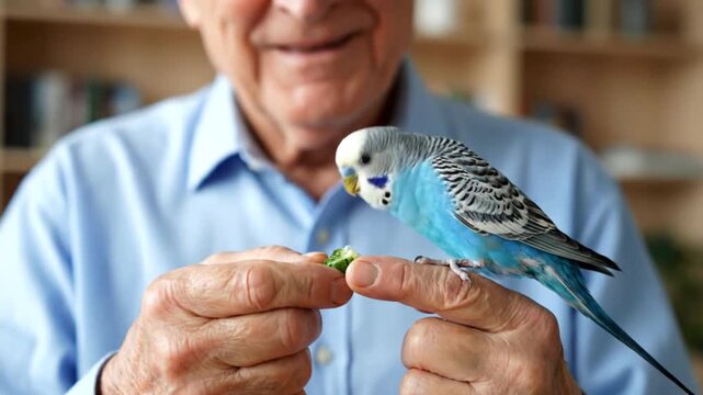 Beautiful blue budgerigar perched on a senior mans finger while eating a fresh green broccoli floret in a home setting.