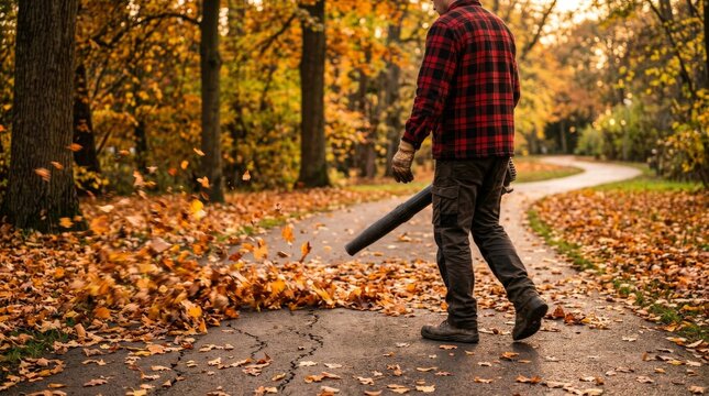 Man clearing dry golden foliage on path using handheld leaf blower
