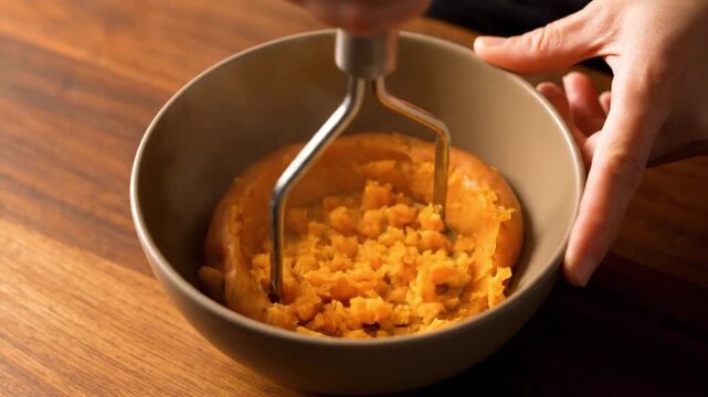 Mashing Cooked Sweet Potato with a Metal Masher in a Ceramic Bowl for Homemade Healthy Meal Prep