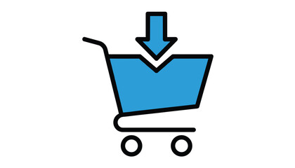 Fototapeta premium Shopping cart icon with downward pointing arrow representing online purchase, download, or adding items to cart.