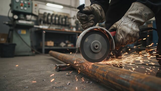 Worker cutting metal pipe with angle grinder