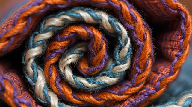 Macro close-up of colorful handwoven textile spiral pattern, vibrant fabric texture background weave