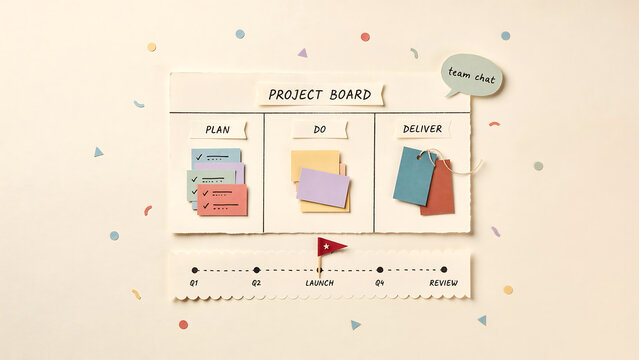 Project board concept with paper craft planning, do, and deliver sections, sticky notes, and a timeline with a launch flag on a neutral background, for agile management, and team workflow
