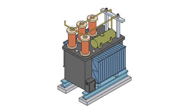 Isometric vector illustration of a high voltage industrial power transformer used in electrical grid substations.
