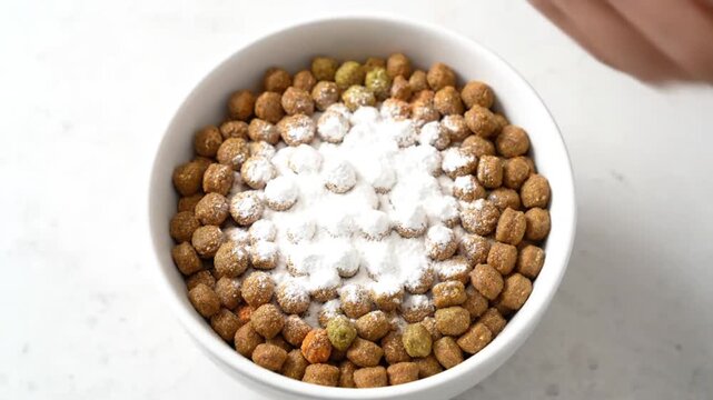 Adding Nutritional Supplement Powder to Dry Dog Food Bowl for Enhanced Pet Health and Wellness