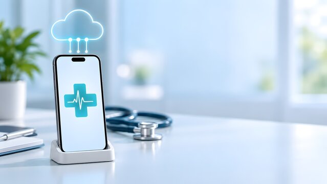 Smartphone displaying medical app connected to glowing digital cloud data, sitting on clinic desk with stethoscope representing telehealth and online healthcare services.