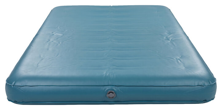 Inflated blue rectangular air mattress with raised edges
