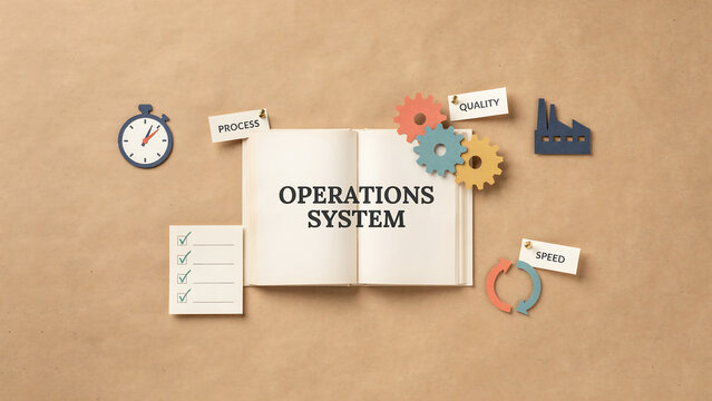 An open book with the text operations system surrounded by paper cutout icons of gears, a factory, a clock, and a checklist with checkmarks on a textured brown paper background, for business planning