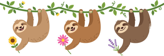 Fototapeta premium Cute cartoon sloths hanging on vine with spring flowers