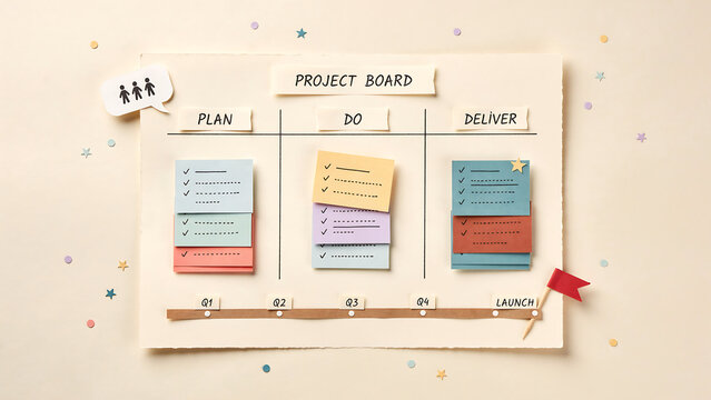 Project board with paper cutouts showing a workflow process from plan to do and deliver with sticky notes, checklist icons, and a timeline marked with quarters on a light beige background surface