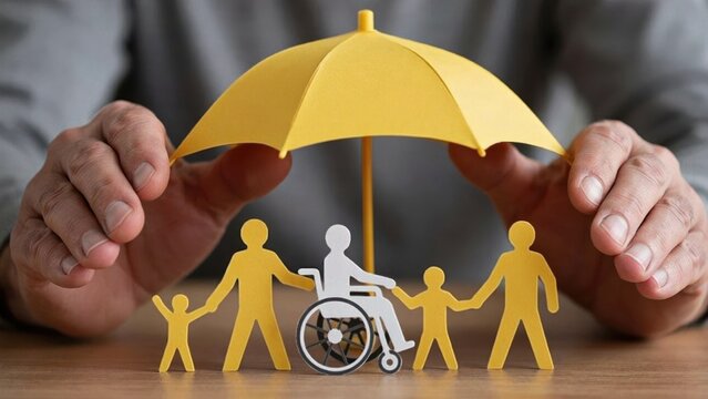 Hands protecting family paper cutouts under umbrella