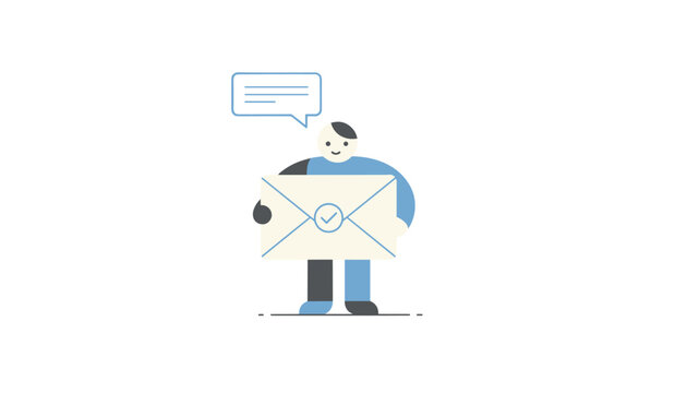 Cute flat character holding a large envelope with a checkmark representing email delivery and message confirmation.