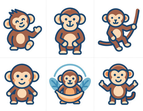 Set of cute cartoon monkey icons in a flat outline vector style with various poses and expressions