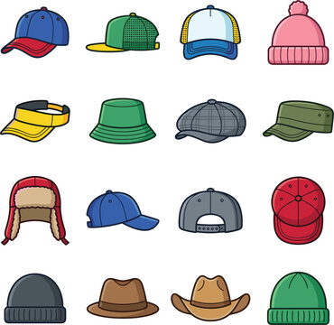 Fashion Hat and Cap Icon Set with Cartoon Headwear Symbols Including Baseball Cap, Beanie, Fedora, and Cowboy Hat for Web Graphics