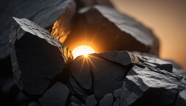 Minimalist dark stone monolith framing a warm golden horizon aperture