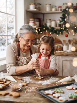 Grandmother and granddaughter decorating Christmas cookies together in a cozy kitchen with festive decorations