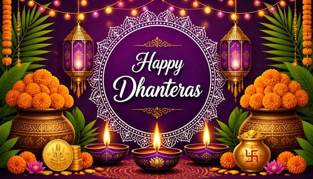 Happy dhanteras greeting with traditional diya lamps flowers and decorative hanging lanterns
