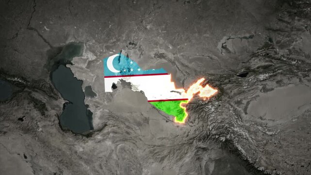 Animated UZBEKISTAN Map Filled with Flag with animated Golden Border