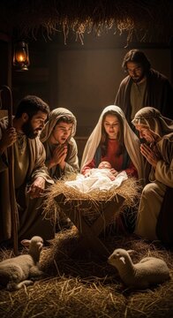 Holy child advent: Jesus Christ, virgin mother, humble shepherd, wooden manger, straw bed, peaceful lamb, dark stable, warm glow, adore infant, miraculous birth, parental love.