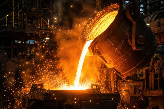 Molten metal pouring from a massive industrial furnace into a casting mold with dramatic sparks. Heavy industry concept illustrating steel production, foundry operations and high-temperature manufactu