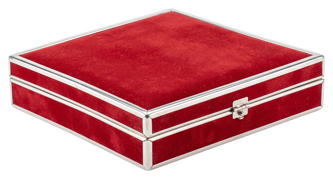Closed red hinged storage box with silver trim
