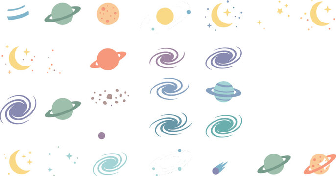 Minimalist space vector icons set featuring cute hand drawn planets crescent moons spiral galaxies comets and stars isolated on white background